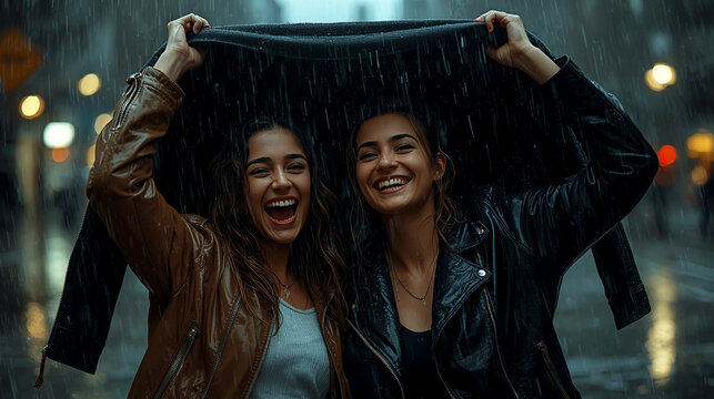 Two young girls laughing, hidden under one jacket in the rain on a city street, joyful and carefree in the glowing night atmosphere.