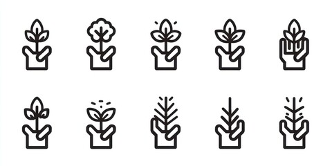 Naklejka premium A set of nine simple line art illustrations depicting the growth of plants in hands.