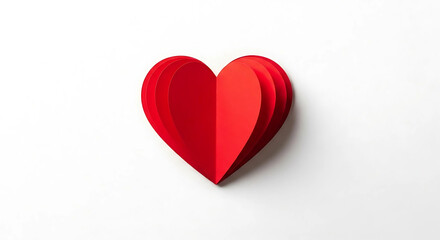 Obraz premium A vibrant red paper heart, artfully layered and three-dimensional, stands out on a bright white backdrop, symbolizing love, celebration, and romantic sentiments