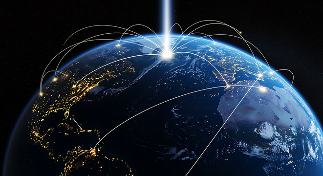 Earth at night with glowing connections across continents