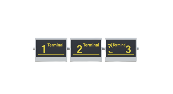 A set of 3 airport terminal signs isolated on white background, aviation and travel direction boards for passenger navigation, flight information, airport guidance, transport, and international travel