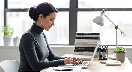 Focused Young Woman Working on Laptop in Modern Office, Soft Natural Light