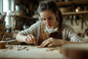 Young artisan woman focused on woodcarving a small piece of wood, demonstrating concentration and dedication to her craft in a creative workshop environment