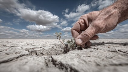A weathered hand gently nurtures a small plant growing amidst cracked earth under a vast, cloudy sky, symbolizing resilience in a harsh environment.
