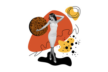Photo image collage happy joyful smiling woman standing high heels dress elegant outfit smile charming look drawing background