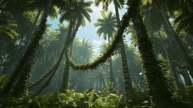 Verdant jungle scene with towering palm trees and lush, overgrown vines