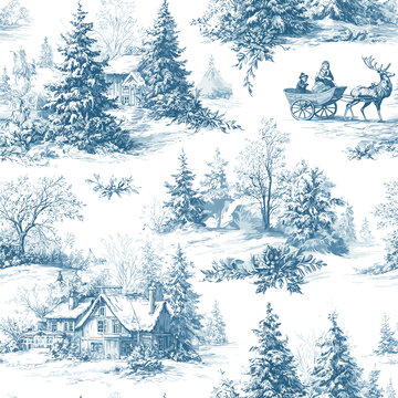 Blue Toile Christmas Seamless Pattern 10 with Winter Forest and Holiday Scene, Editable Vector
Editable vector seamless pattern in vintage blue toile engraving style. Hand-drawn winter forest landscap