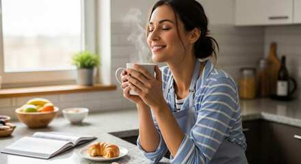 Smiling woman in apron enjoying coffee at kitchen counter in relaxed cooking concept