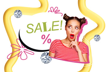 Composite photo collage of astonished girl open mouth black friday sale offer bright diamond pearl...
