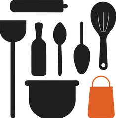 Collection of kitchen utensil silhouettes including a rolling pin spatula bottle spoon and bowl isolated on white background isolated on transparent background