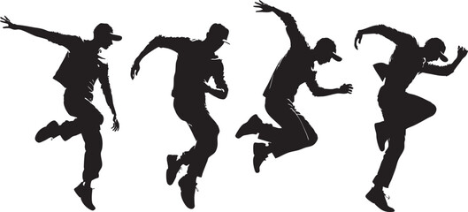 Silhouettes of four young men in caps and jackets running dynamically.
