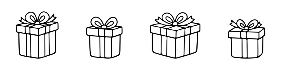 Hand drawn gift icons set. Doodle style presents, wrapped boxes, ribbons and bows, celebration and party elements.