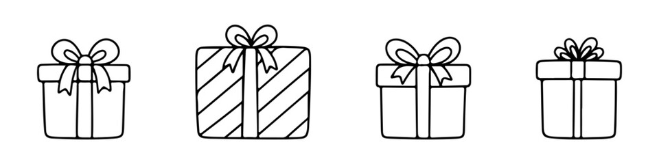 Hand drawn gift icons set. Doodle style presents, wrapped boxes, ribbons and bows, celebration and party elements.