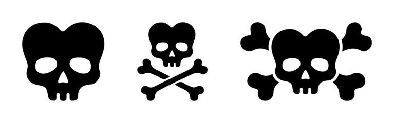 Skull and bones icons set. Skeleton head, crossbones symbol, pirate warning, danger and hazard element.