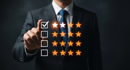 Businessman rating stars and checking boxes on screen customer feedback service