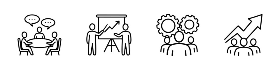 Team meeting icons set. Hand-drawn doodle style, work team symbols, outline line drawings, clipart collection.