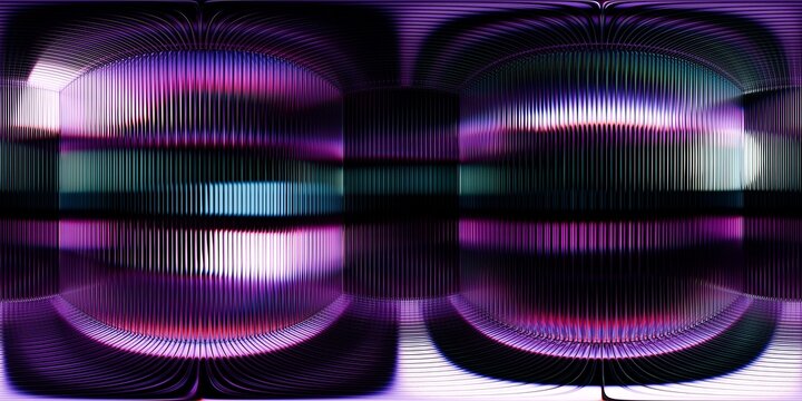 Stylized 360 HDRI environment with glowing violet, pink and teal light strips. Ideal for CGI reflections, product renders, and immersive lighting effects in a render studio.
