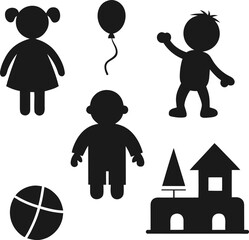 Collection of playful black silhouettes of children a balloon a ball and a toy house isolated on white background isolated on transparent background