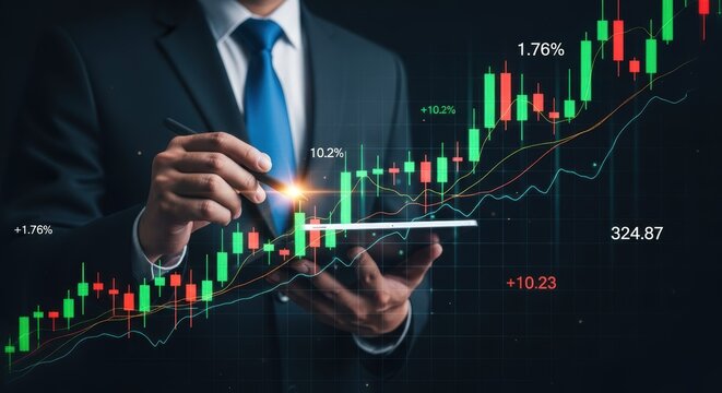 Businessman analyzing stock market data on tablet with glowing chart trading finance