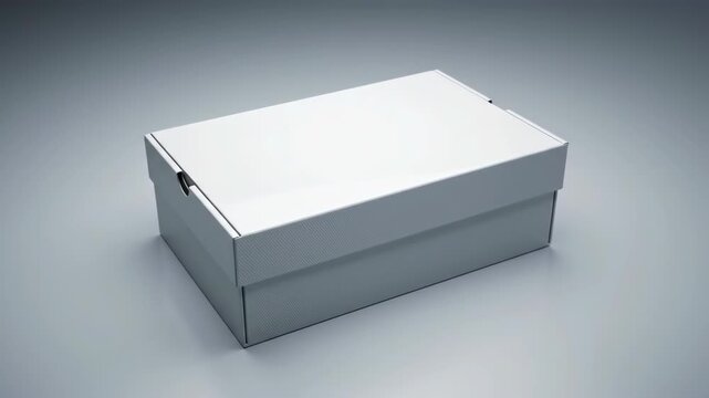 A closed white cardboard box on a gray surface, studio shot.