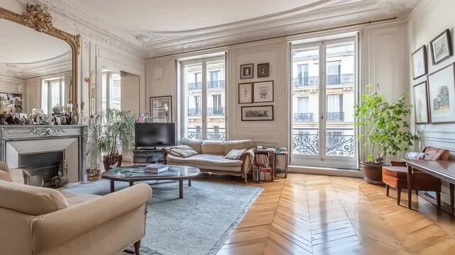 A spacious, elegant Parisian living room boasts ornate details and large windows showcasing a city view.