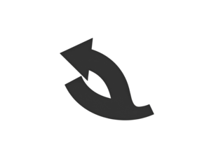 A gray, curved arrow symbol, twisting in on itself against a stark black background