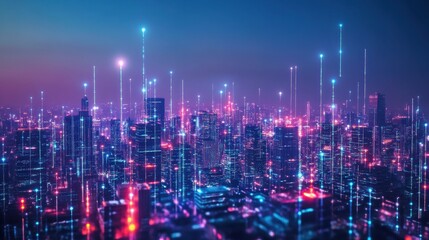 Obraz premium A vibrant, futuristic city skyline with colorful lights and tall structures, creating a dynamic and energetic atmosphere.