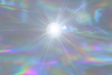 A radiant, iridescent light source illuminates a soft, pastel-hued background.