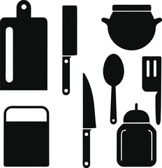 Collection of kitchen utensil silhouettes including cutting board knife pot spoon and container isolated on white background isolated on transparent background
