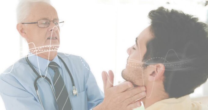 Doctor placing hands under patient jaw for assessing lymph node health, with overlays marking nodes