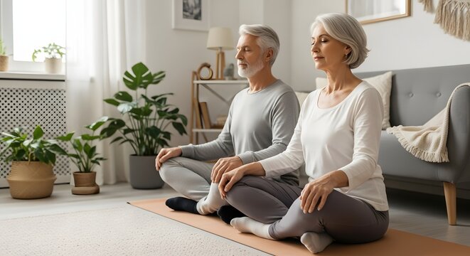 Elderly Couple Sharing a Tender Moment in a Cozy Living Room, Warm Light