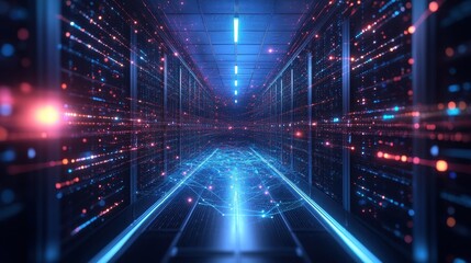 A futuristic server room illuminated by blue and pink lights, showcasing a network of data connections and a high-tech atmosphere.