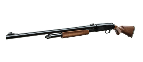 Classic pump-action shotgun isolated on white.