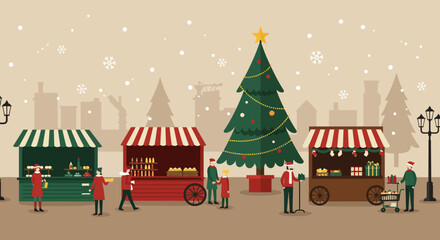 An inviting Flat Design banner illustration capturing a bustling Christmas market festival scene with stylized stalls and a festive tree. 