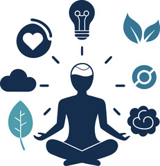 Silhouette of a person meditating surrounded by icons representing ideas health nature and technology isolated on white background isolated on transparent background