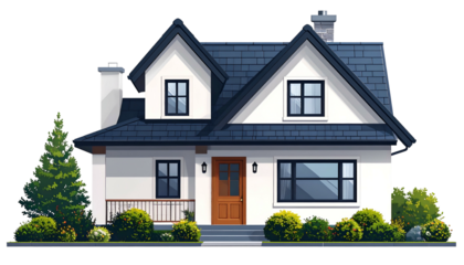A white two-story house with a dark roof, windows, and a wooden door