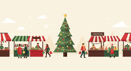 An inviting Flat Design banner illustration capturing a bustling Christmas market festival scene with stylized stalls and a festive tree. 