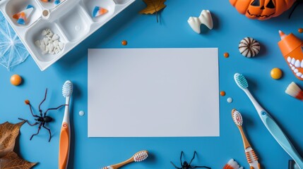 Halloween dental care concept with spooky elements and blank card for creative use. Horizontal banner. Copy space. Template for a stomatology or dental clinic