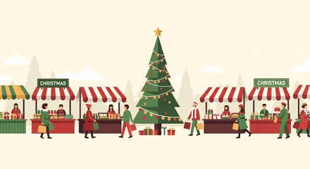 An inviting Flat Design banner illustration capturing a bustling Christmas market festival scene with stylized stalls and a festive tree. 