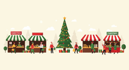 Fototapeta premium An inviting Flat Design banner illustration capturing a bustling Christmas market festival scene with stylized stalls and a festive tree. 
