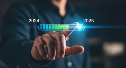 Obraz premium Hand touching progress bar from 2024 to 2025 loading bar future