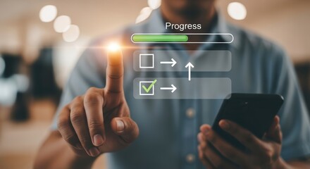 Man touching progress bar and checklist on digital screen technology task completion