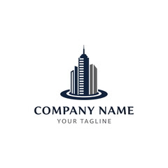Modern corporate logo featuring stylized city skyscrapers encircled by a ring, with placeholder text for company name and tagline.