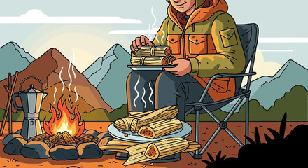 A Cozy Campfire Scene Featuring a Hiker Enjoying Fresh Tamales in a Mountain Setting