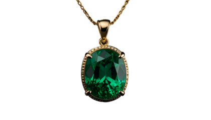Gold necklace with a vibrant emerald-cut green gemstone pendant
