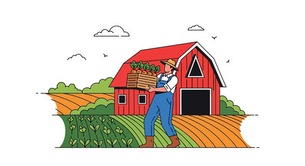 A farmer carries a crate of freshly harvested carrots in a rural agricultural setting with a barn