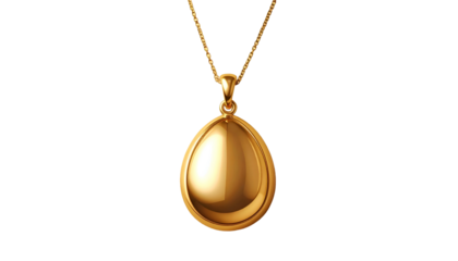 Golden teardrop pendant necklace, elegant, on black background