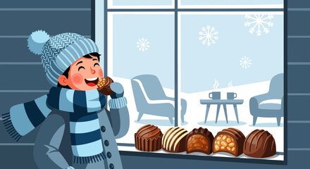 A joyous winter scene of a boy enjoying chocolates with a cozy indoor view of snow