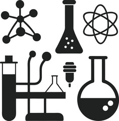 Collection of scientific laboratory equipment and molecular structures silhouette isolated on white background isolated on transparent background