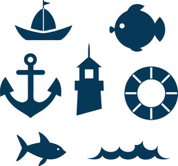 Collection of nautical and marine life silhouette icons on a white background isolated on white background isolated on transparent background